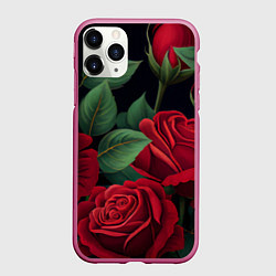 Чехол iPhone 11 Pro матовый Много красных роз, цвет: 3D-малиновый