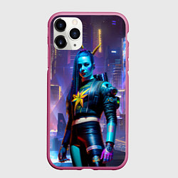 Чехол iPhone 11 Pro матовый Cyberpunk - brave girl - neural network, цвет: 3D-малиновый
