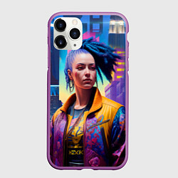 Чехол iPhone 11 Pro матовый Девушка в ночном городе - киберпанк - нейросеть, цвет: 3D-фиолетовый