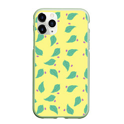 Чехол iPhone 11 Pro матовый Лист и букашка на желтом фоне орнамент, цвет: 3D-салатовый