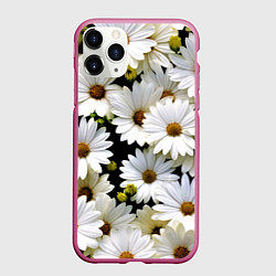 Чехол iPhone 11 Pro матовый Белые цветы ромашки - летний паттерн, цвет: 3D-малиновый