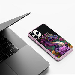 Чехол iPhone 11 Pro матовый Неоновый дракон с цветами, цвет: 3D-розовый — фото 2