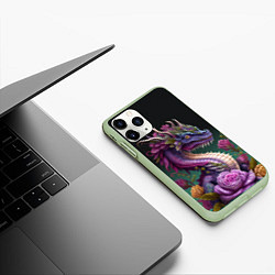 Чехол iPhone 11 Pro матовый Неоновый дракон с цветами, цвет: 3D-салатовый — фото 2