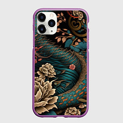 Чехол iPhone 11 Pro матовый Японский змей Irezumi, цвет: 3D-фиолетовый