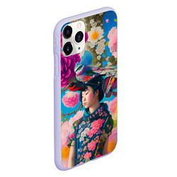 Чехол iPhone 11 Pro матовый Девочка с птицами среди цветов - мскусство, цвет: 3D-светло-сиреневый — фото 2