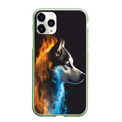 Чехол iPhone 11 Pro матовый Голова волка Стихия огня, цвет: 3D-салатовый