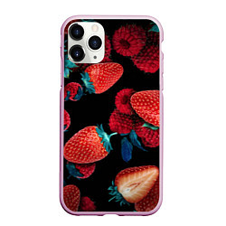 Чехол iPhone 11 Pro матовый Клубника на черном фоне, цвет: 3D-розовый