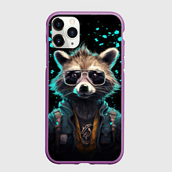 Чехол iPhone 11 Pro матовый Енот в стиле киберпанк, цвет: 3D-фиолетовый