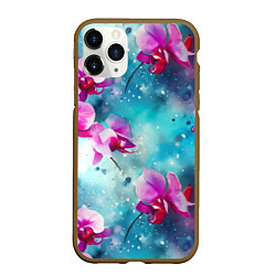 Чехол iPhone 11 Pro матовый Розовые орхидеи на бирюзовом - паттерн акварель, цвет: 3D-коричневый