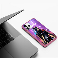 Чехол iPhone 11 Pro матовый Девушка-кошка - киберпанк, цвет: 3D-малиновый — фото 2