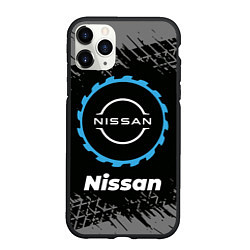 Чехол iPhone 11 Pro матовый Nissan в стиле Top Gear со следами шин на фоне, цвет: 3D-черный