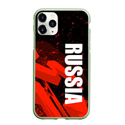 Чехол iPhone 11 Pro матовый Russia - белая надпись на красных брызгах, цвет: 3D-салатовый