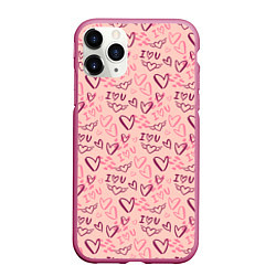 Чехол iPhone 11 Pro матовый I love you паттерн, цвет: 3D-малиновый