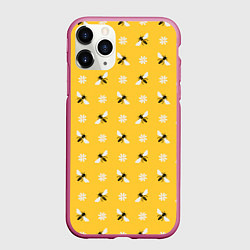 Чехол iPhone 11 Pro матовый Пчелы и цветы паттерн, цвет: 3D-малиновый
