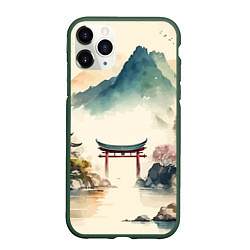 Чехол iPhone 11 Pro матовый Японский пейзаж - акварель, цвет: 3D-темно-зеленый