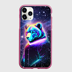 Чехол iPhone 11 Pro матовый Светящийся космический медведь, цвет: 3D-малиновый