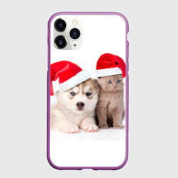 Чехол iPhone 11 Pro матовый Пёсик и котик в шапочках, цвет: 3D-фиолетовый