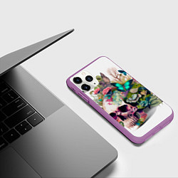 Чехол iPhone 11 Pro матовый Красивый череп с листьями и бабочками, цвет: 3D-фиолетовый — фото 2