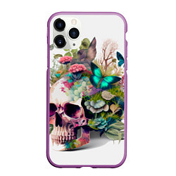 Чехол iPhone 11 Pro матовый Красивый череп с листьями и бабочками, цвет: 3D-фиолетовый