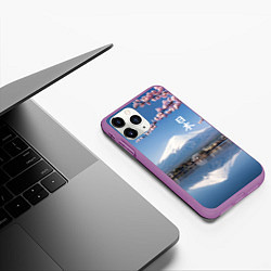 Чехол iPhone 11 Pro матовый Цветущая сакура на фоне Фудзиямы - Япония, цвет: 3D-фиолетовый — фото 2