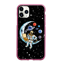 Чехол iPhone 11 Pro матовый Skeleton astronaut eats pizza while sitting on the, цвет: 3D-малиновый