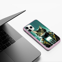 Чехол iPhone 11 Pro матовый Funny cat on the background of skyscrapers, цвет: 3D-розовый — фото 2