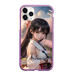 Чехол iPhone 11 Pro матовый Девушка самурай в саду сакуры, цвет: 3D-фиолетовый