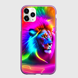 Чехол iPhone 11 Pro матовый Неоновый лев в цветовой абстракции, цвет: 3D-фиолетовый