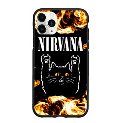 Чехол iPhone 11 Pro матовый Nirvana рок кот и огонь, цвет: 3D-черный