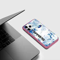 Чехол iPhone 11 Pro матовый Subaru blue logo, цвет: 3D-малиновый — фото 2