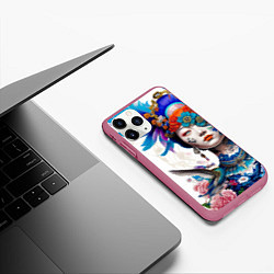 Чехол iPhone 11 Pro матовый Japanese girl - irezumi - tattoo, цвет: 3D-малиновый — фото 2