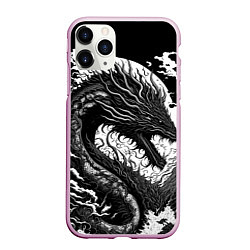 Чехол iPhone 11 Pro матовый Черно-белый дракон и волны, цвет: 3D-розовый