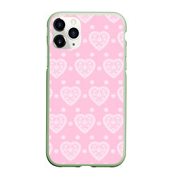 Чехол iPhone 11 Pro матовый Розовое кружево сердечки, цвет: 3D-салатовый