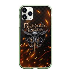 Чехол iPhone 11 Pro матовый Baldurs Gate 3 logo fire, цвет: 3D-салатовый