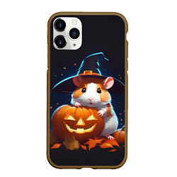 Чехол iPhone 11 Pro матовый Хомяк в шляпе ведьмы и тыква на Хэллоуин, цвет: 3D-коричневый