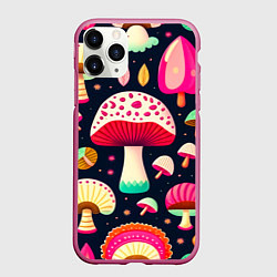 Чехол iPhone 11 Pro матовый Грибы рисованные узор, цвет: 3D-малиновый