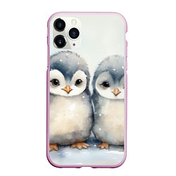Чехол iPhone 11 Pro матовый Милые пингвины акварель, цвет: 3D-розовый