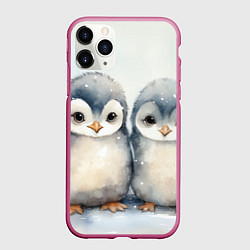 Чехол iPhone 11 Pro матовый Милые пингвины акварель, цвет: 3D-малиновый