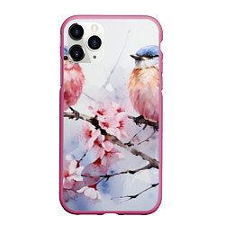 Чехол iPhone 11 Pro матовый Птицы в ветвях сакуры акварель, цвет: 3D-малиновый
