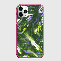 Чехол iPhone 11 Pro матовый Космические кибер схемы зелёные, цвет: 3D-малиновый