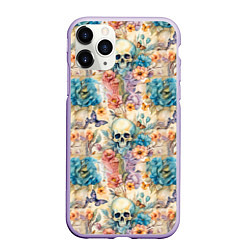 Чехол iPhone 11 Pro матовый Череп в цветах с бабочками узор, цвет: 3D-светло-сиреневый