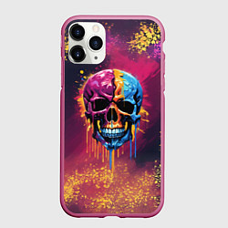 Чехол iPhone 11 Pro матовый Розовая и синяя краска капает с черепа, цвет: 3D-малиновый
