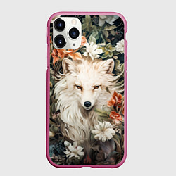 Чехол iPhone 11 Pro матовый Белая лисица в кустах цветов, цвет: 3D-малиновый