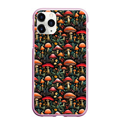 Чехол iPhone 11 Pro матовый Сказочные грибы мухоморы паттерн, цвет: 3D-розовый