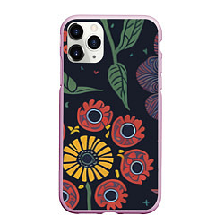 Чехол iPhone 11 Pro матовый Простые цветы на глубоком синем, цвет: 3D-розовый