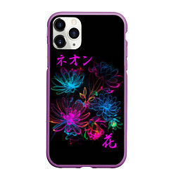 Чехол iPhone 11 Pro матовый Неоновые цветы - японский стиль, цвет: 3D-фиолетовый