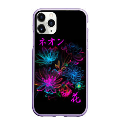 Чехол iPhone 11 Pro матовый Неоновые цветы - японский стиль, цвет: 3D-светло-сиреневый
