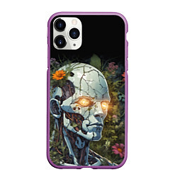 Чехол iPhone 11 Pro матовый Киборг с треснувшей головой и растениями со светящ, цвет: 3D-фиолетовый