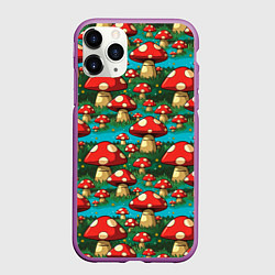 Чехол iPhone 11 Pro матовый Мультяшный мухомор паттерн, цвет: 3D-фиолетовый