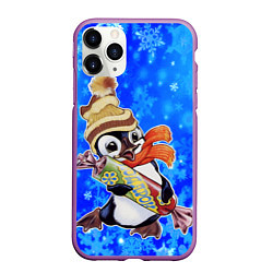 Чехол iPhone 11 Pro матовый Новогодний пингвин со снежинками, цвет: 3D-фиолетовый